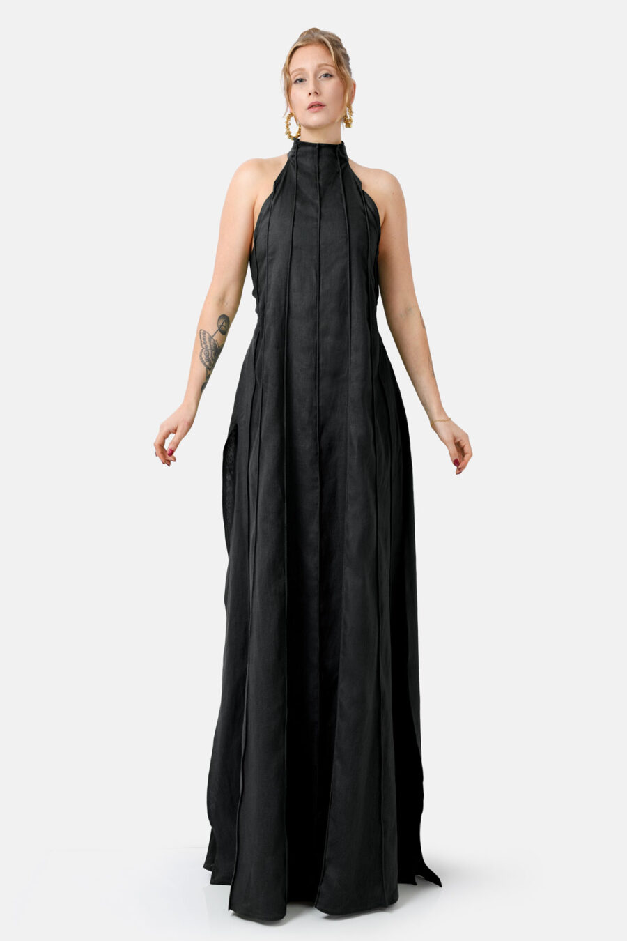 Black Designer Linen Maxi Dress Pleated With Slit and Halter Neck Fit by Kargede Front Straight