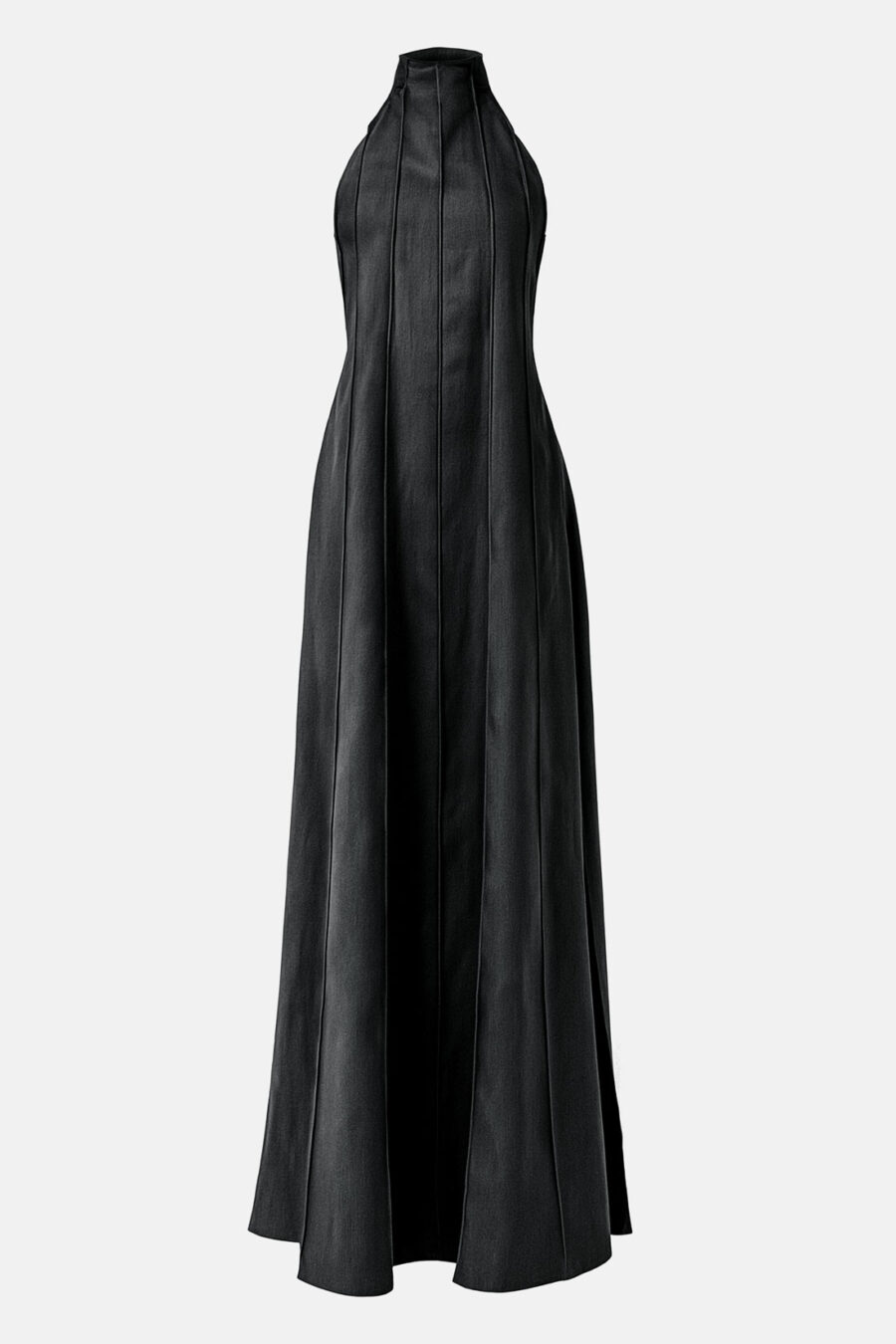 Black Designer Linen Maxi Dress Pleated With Slit and Halter Neck Fit by Kargede Ghost Mannequin