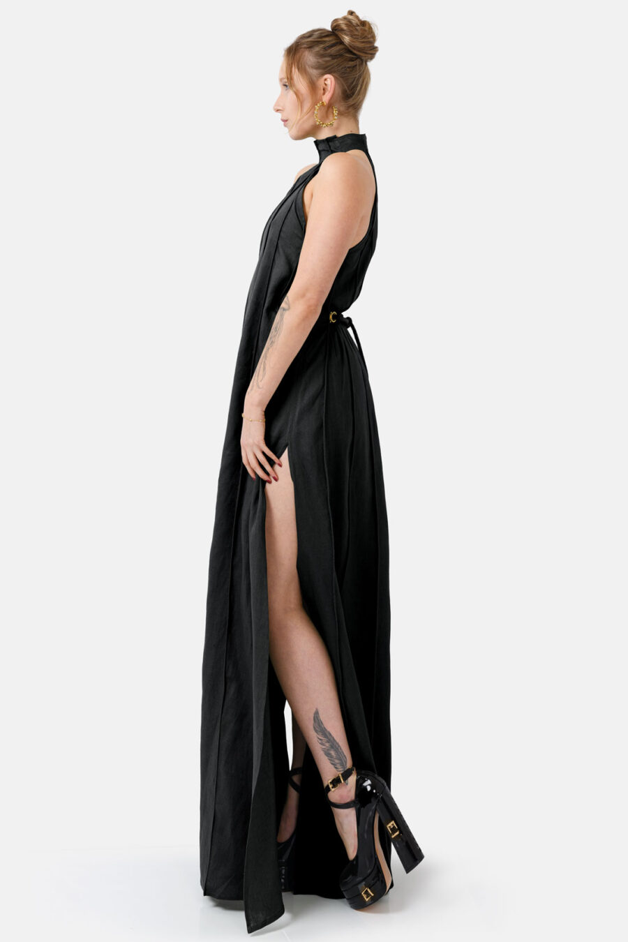 Black Designer Linen Maxi Dress Pleated With Slit and Halter Neck Fit by Kargede Side Movement