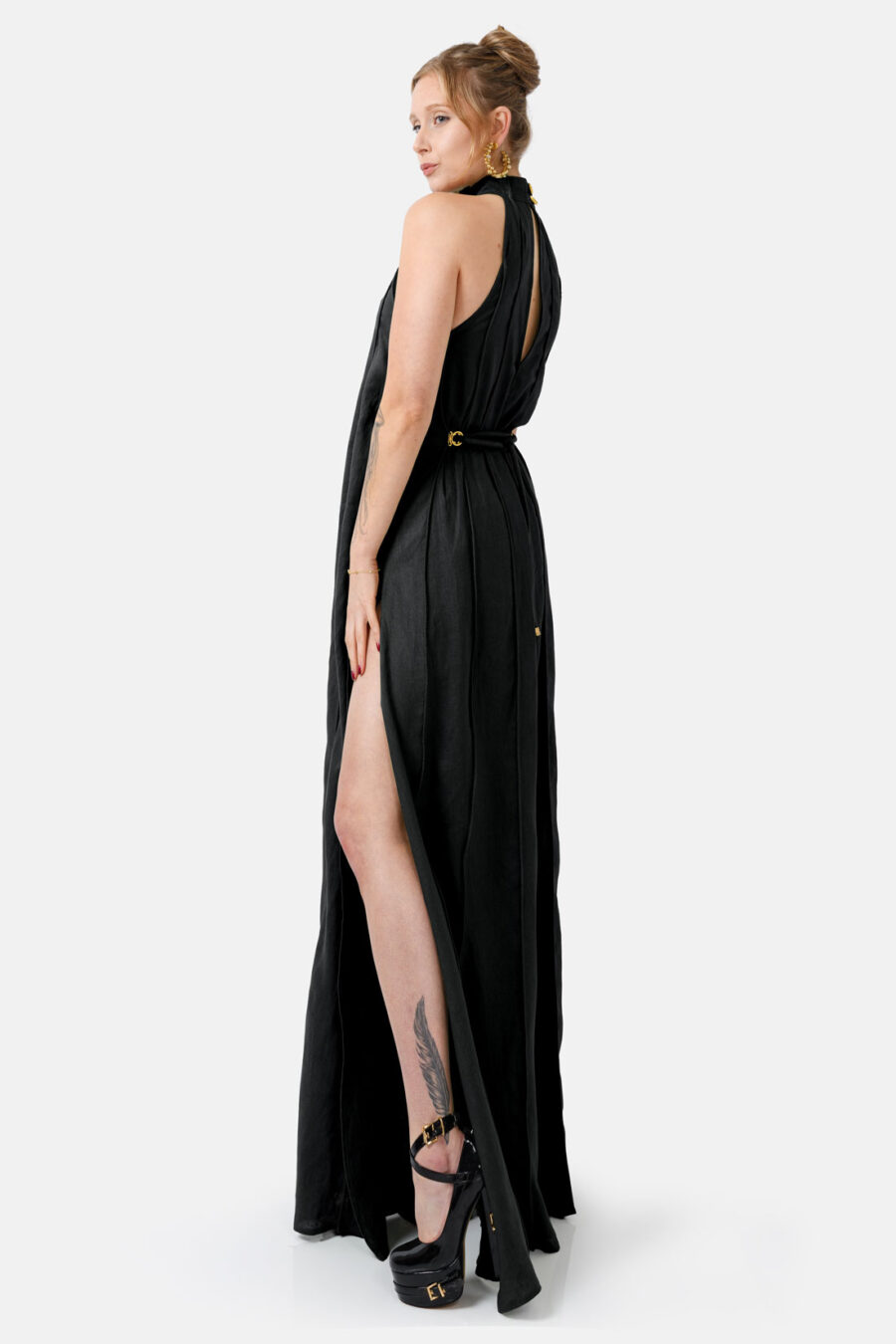 Black Designer Linen Maxi Dress Pleated With Slit and Halter Neck Fit by Kargede Side Relaxed