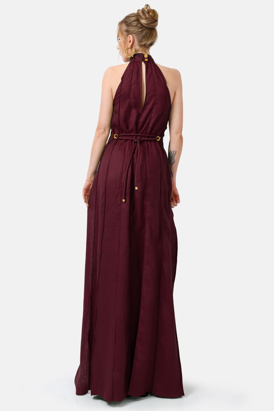 Burgundy Designer Linen Maxi Dress Pleated With Slit and Halter Neck Fit by Kargede Back