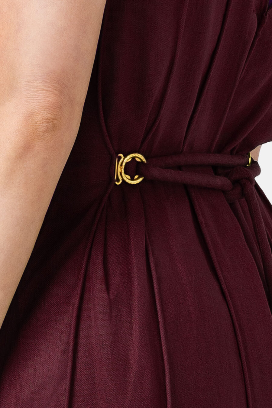 Burgundy Designer Linen Maxi Dress Pleated With Slit and Halter Neck Fit by Kargede Detail