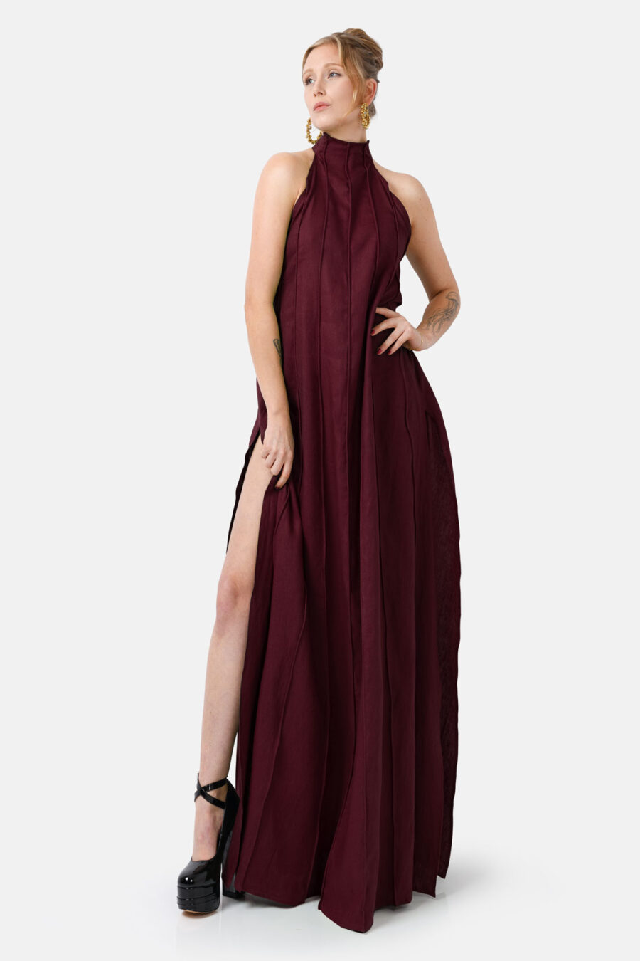 Burgundy Designer Linen Maxi Dress Pleated With Slit and Halter Neck Fit by Kargede Front Creative