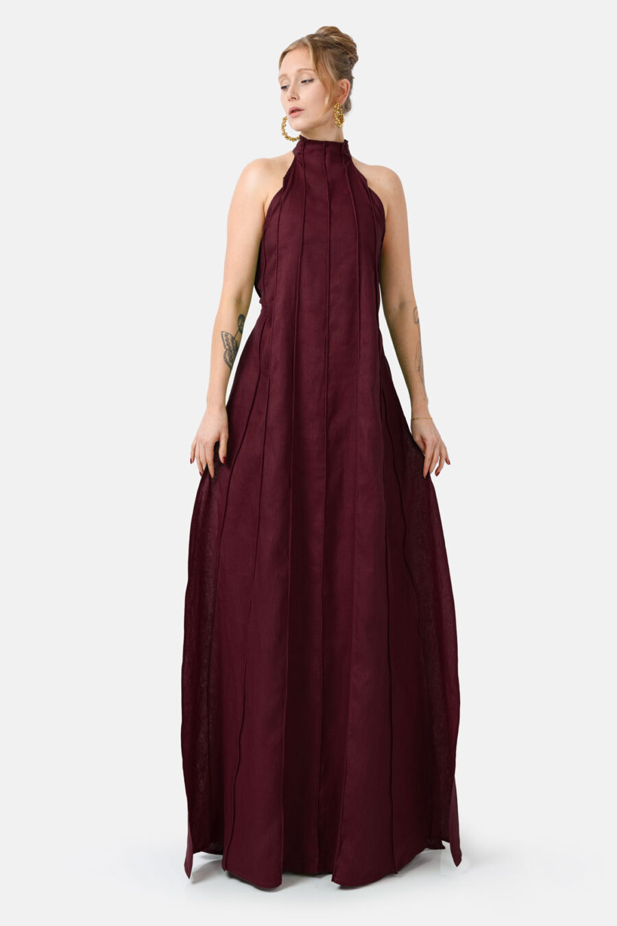 Burgundy Designer Linen Maxi Dress Pleated With Slit and Halter Neck Fit by Kargede Front Flared