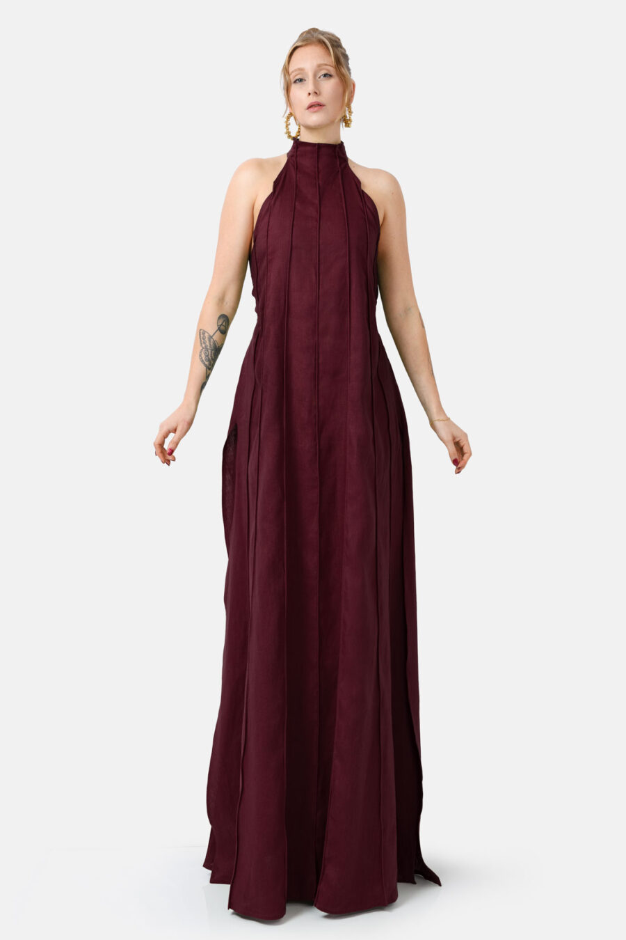 Burgundy Designer Linen Maxi Dress Pleated With Slit and Halter Neck Fit by Kargede Front Straight