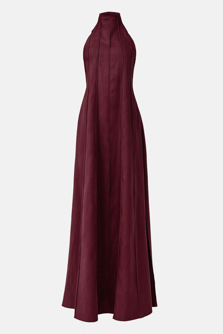Burgundy Designer Linen Maxi Dress Pleated With Slit and Halter Neck Fit by Kargede Ghost Mannequin