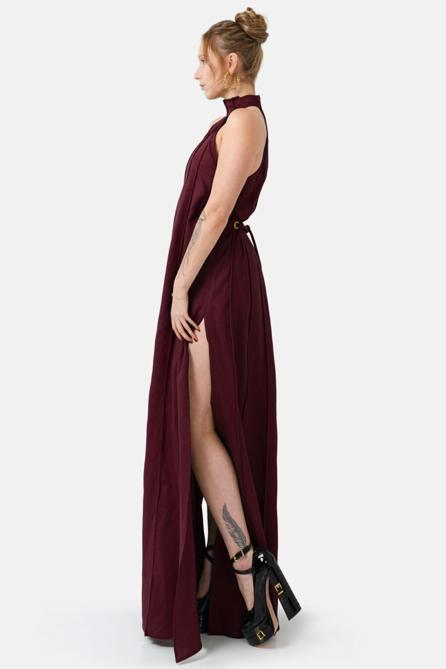 Burgundy Designer Linen Maxi Dress Pleated With Slit and Halter Neck Fit by Kargede Side Movement