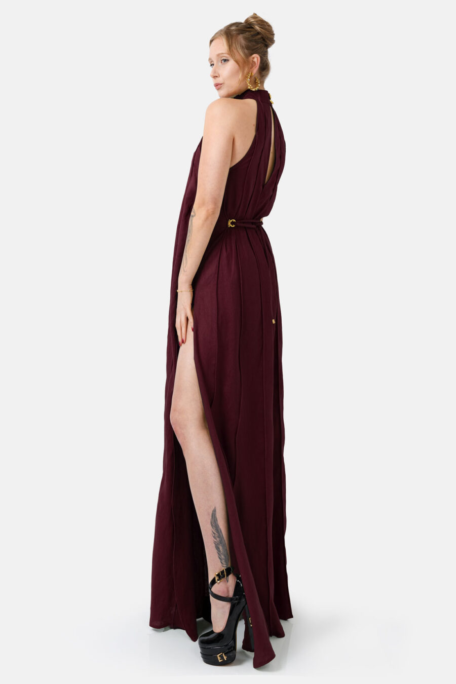Burgundy Designer Linen Maxi Dress Pleated With Slit and Halter Neck Fit by Kargede Side Relaxed