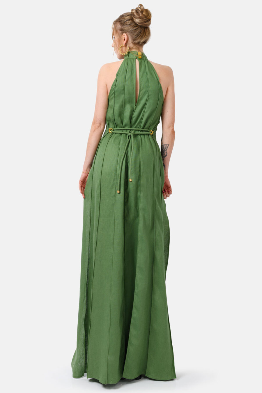 Green Designer Linen Maxi Dress Pleated With Slit and Halter Neck Fit by Kargede Back