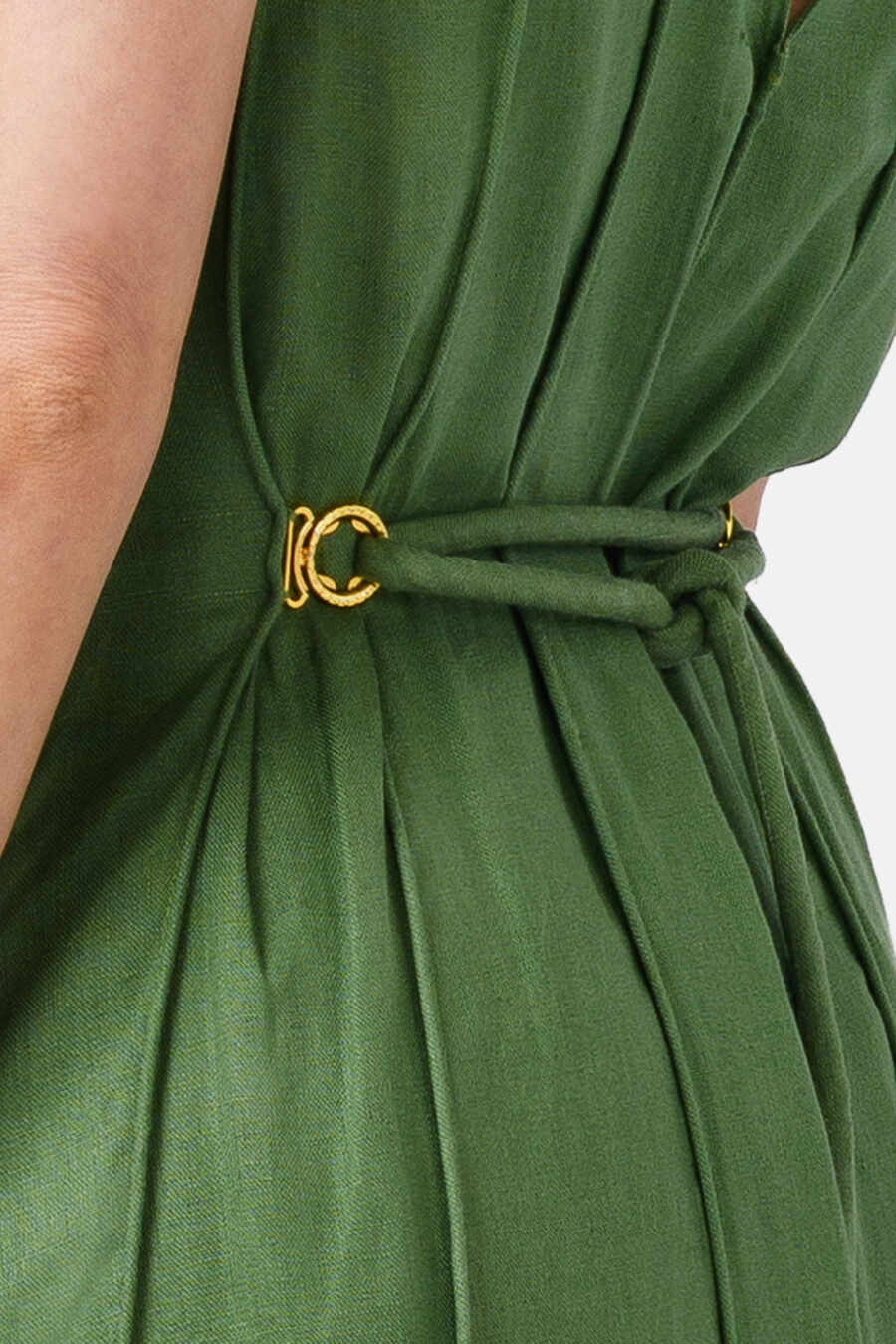 Green Designer Linen Maxi Dress Pleated With Slit and Halter Neck Fit by Kargede Detail