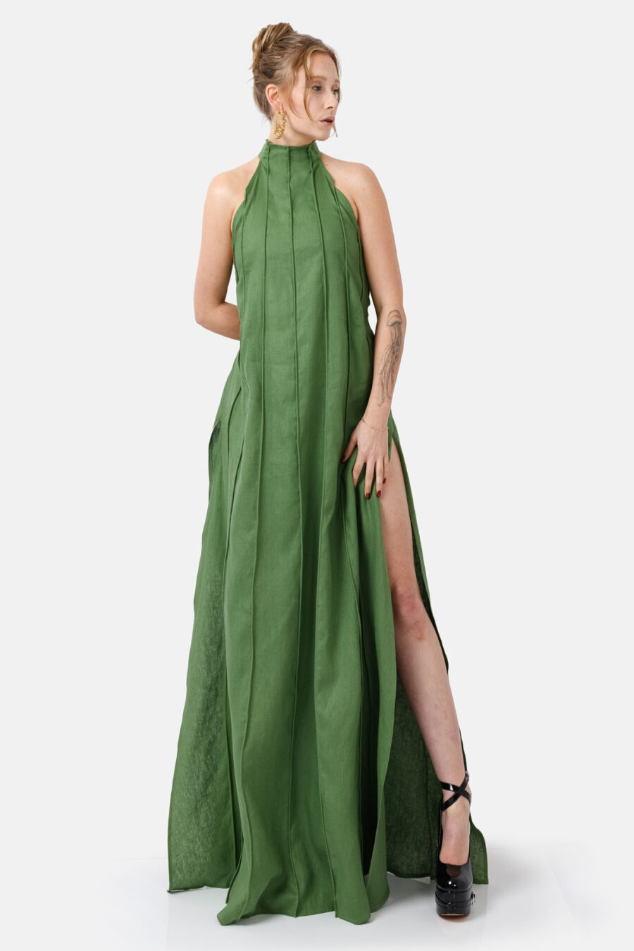 Green Designer Linen Maxi Dress Pleated With Slit and Halter Neck Fit by Kargede Front Creative
