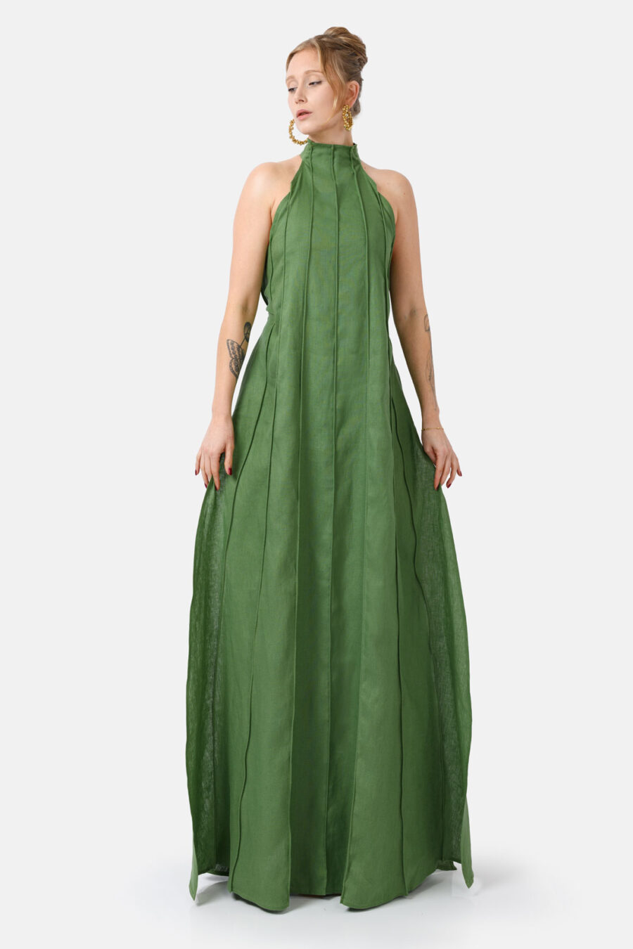 Green Designer Linen Maxi Dress Pleated With Slit and Halter Neck Fit by Kargede Front Flared