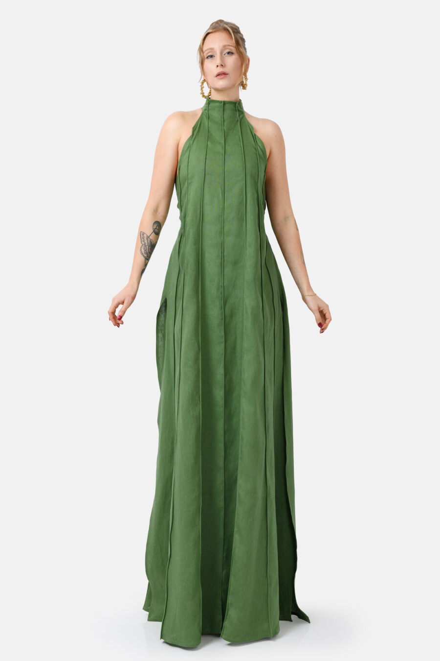 Green Designer Linen Maxi Dress Pleated With Slit and Halter Neck Fit by Kargede Front Straight