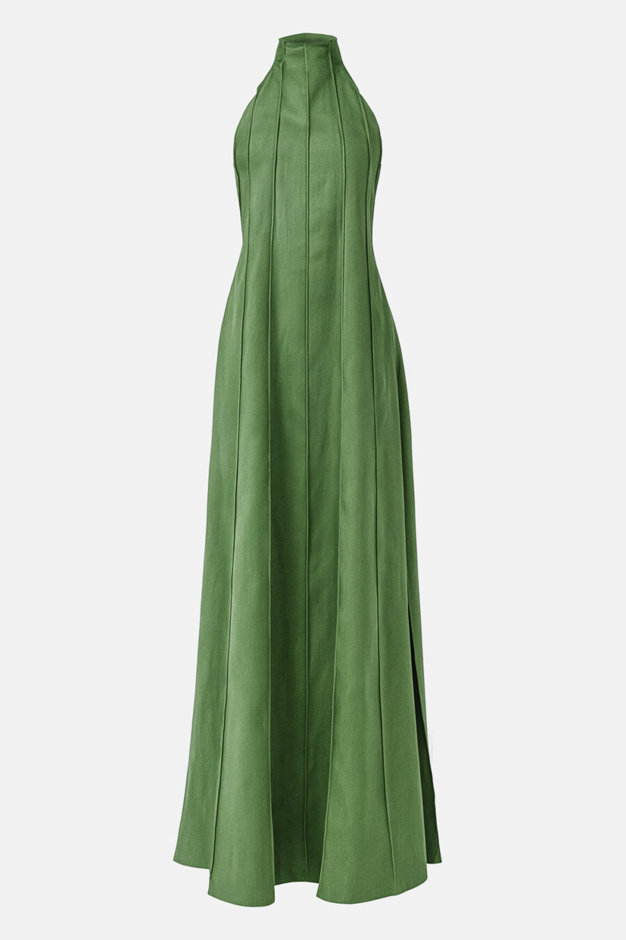 Green Designer Linen Maxi Dress Pleated With Slit and Halter Neck Fit by Kargede Ghost Mannequin