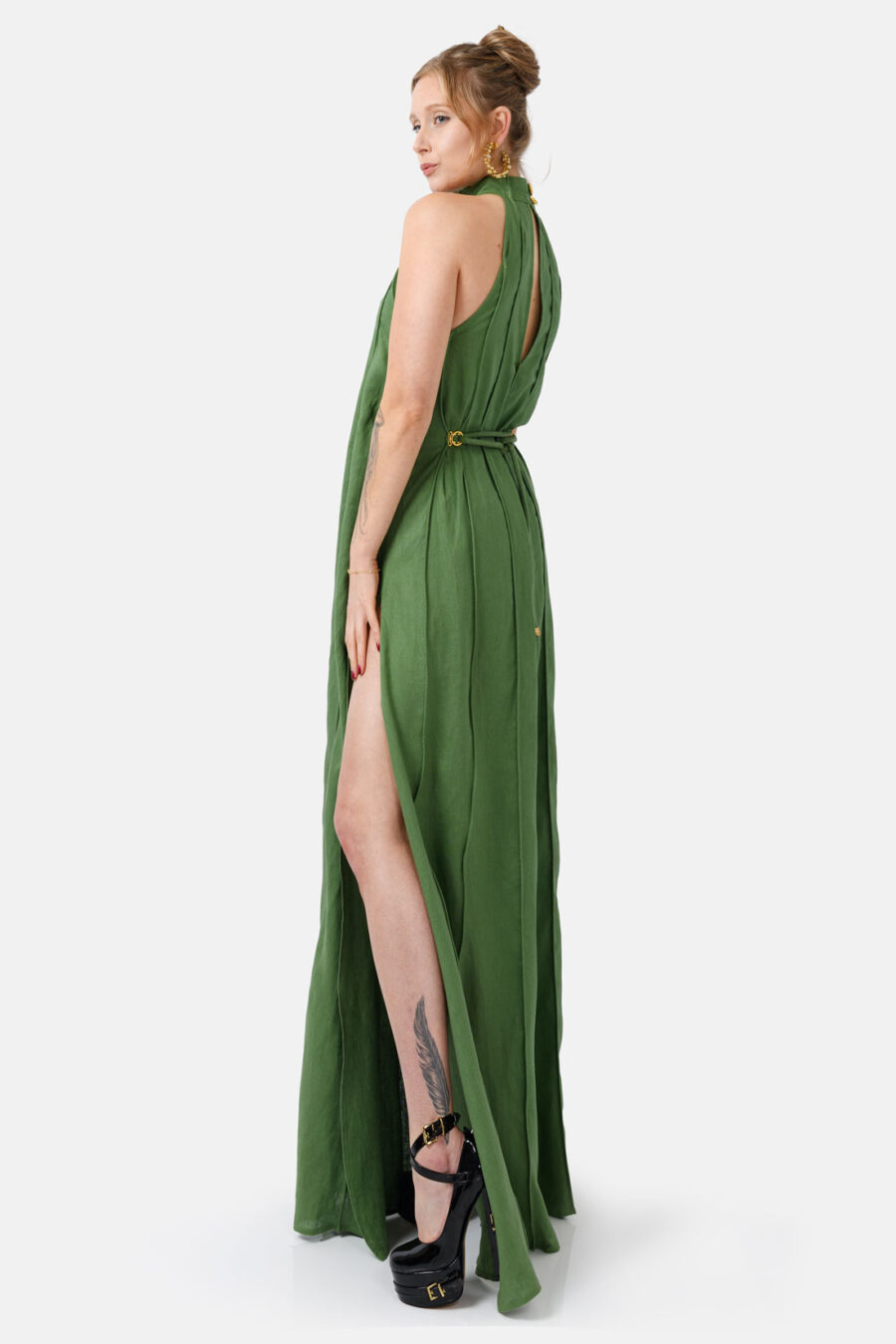 Green Designer Linen Maxi Dress Pleated With Slit and Halter Neck Fit by Kargede Side Relaxed