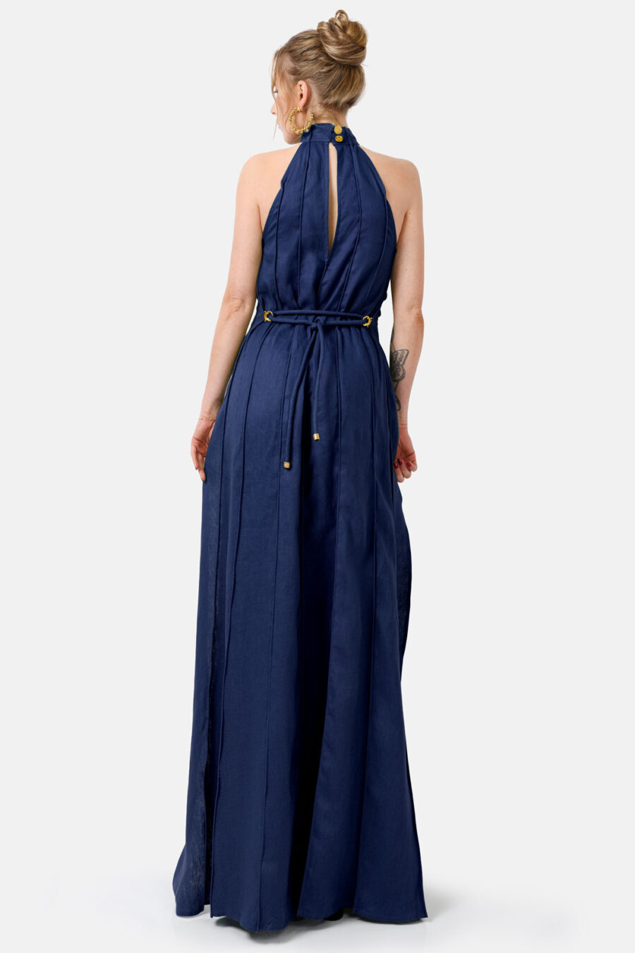 Navy Designer Linen Maxi Dress Pleated With Slit and Halter Neck Fit by Kargede Back
