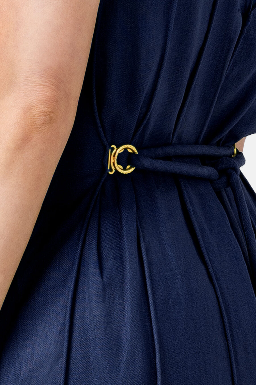 Navy Designer Linen Maxi Dress Pleated With Slit and Halter Neck Fit by Kargede Detail
