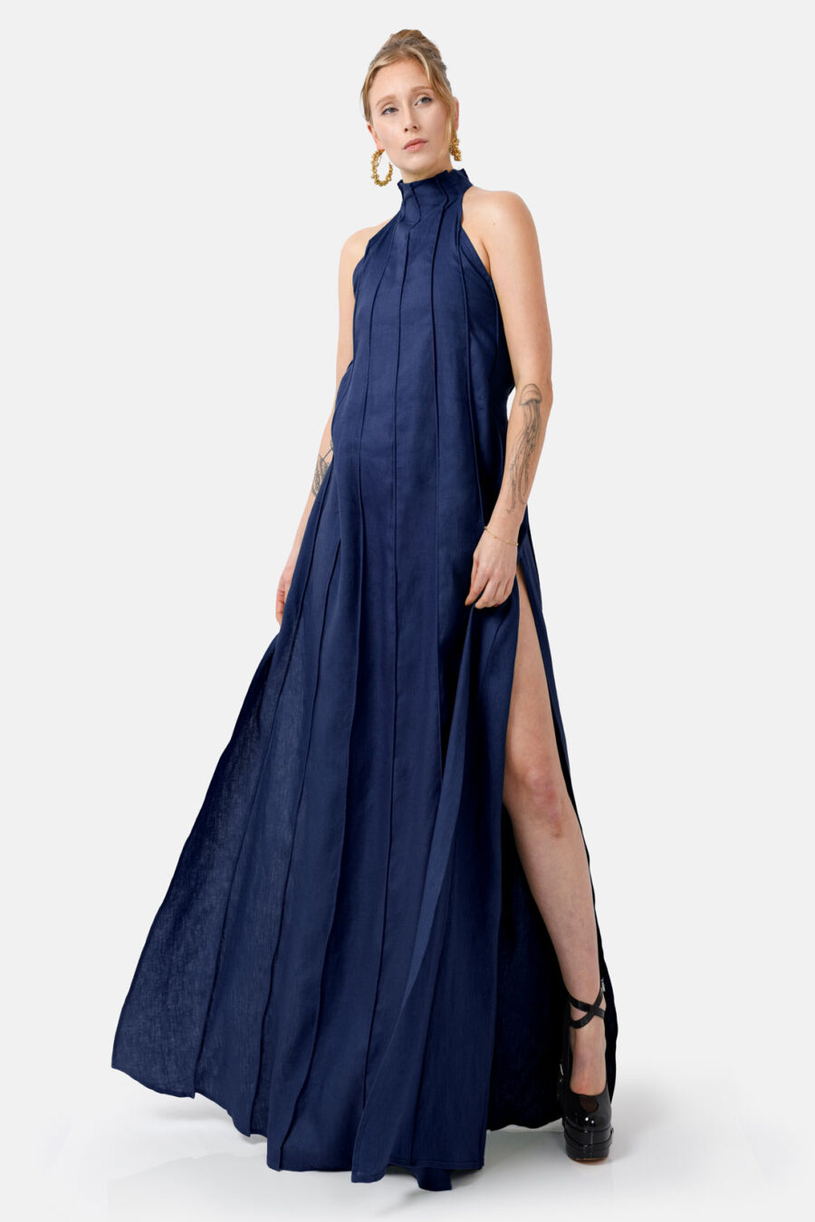 Navy Designer Linen Maxi Dress Pleated With Slit and Halter Neck Fit by Kargede Front Creative