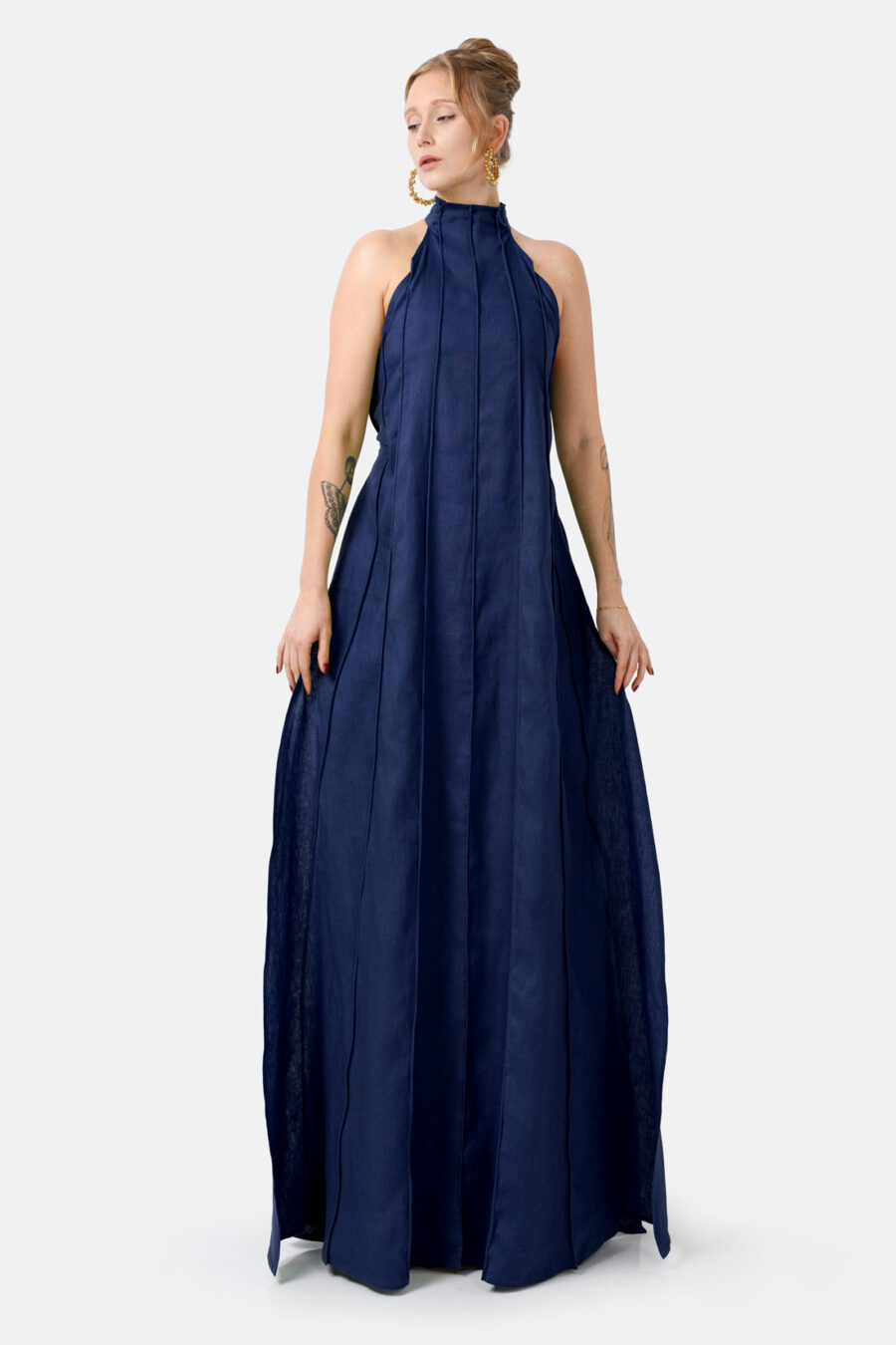 Navy Designer Linen Maxi Dress Pleated With Slit and Halter Neck Fit by Kargede Front Flared