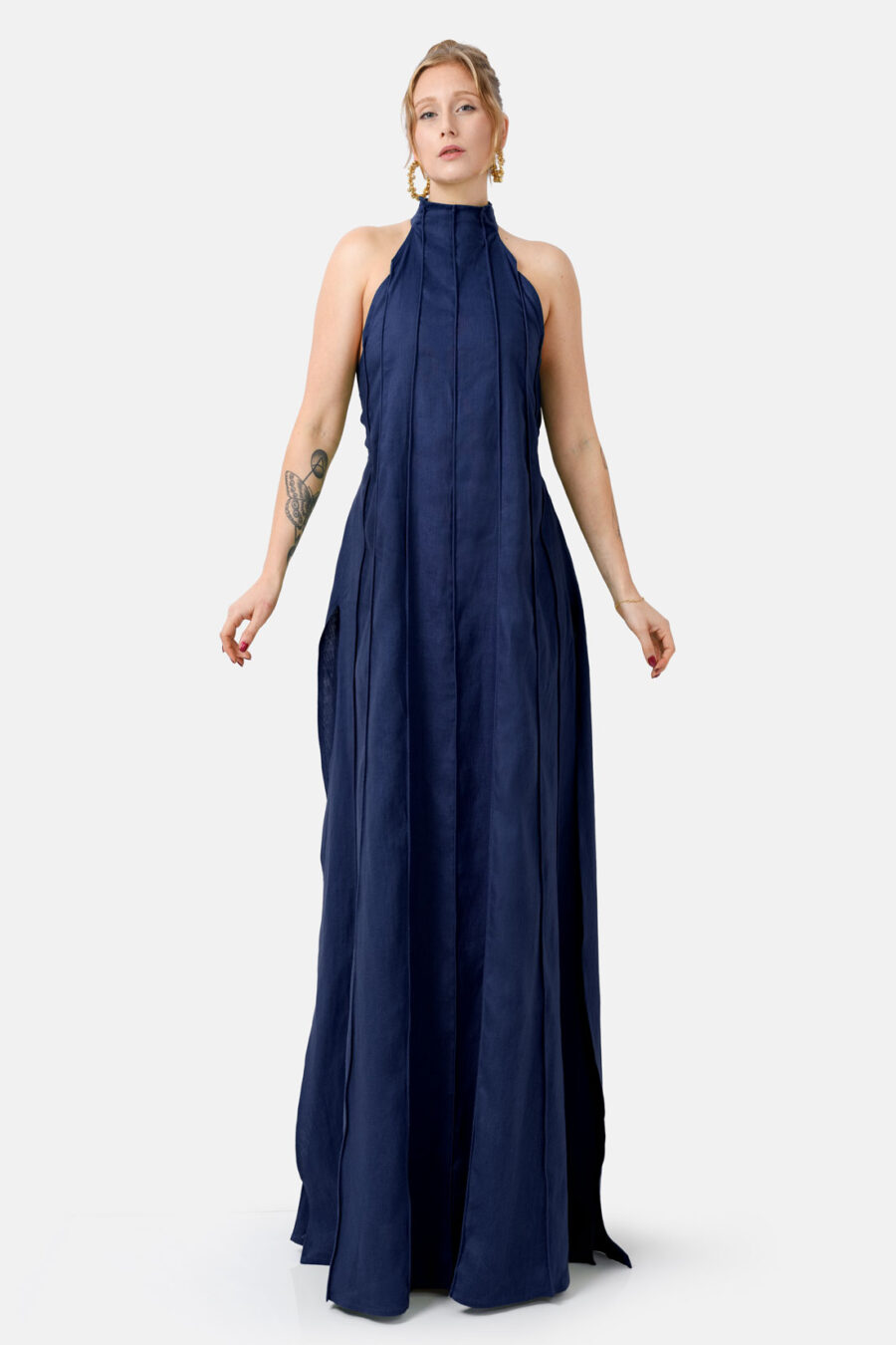 Navy Designer Linen Maxi Dress Pleated With Slit and Halter Neck Fit by Kargede Front Straight