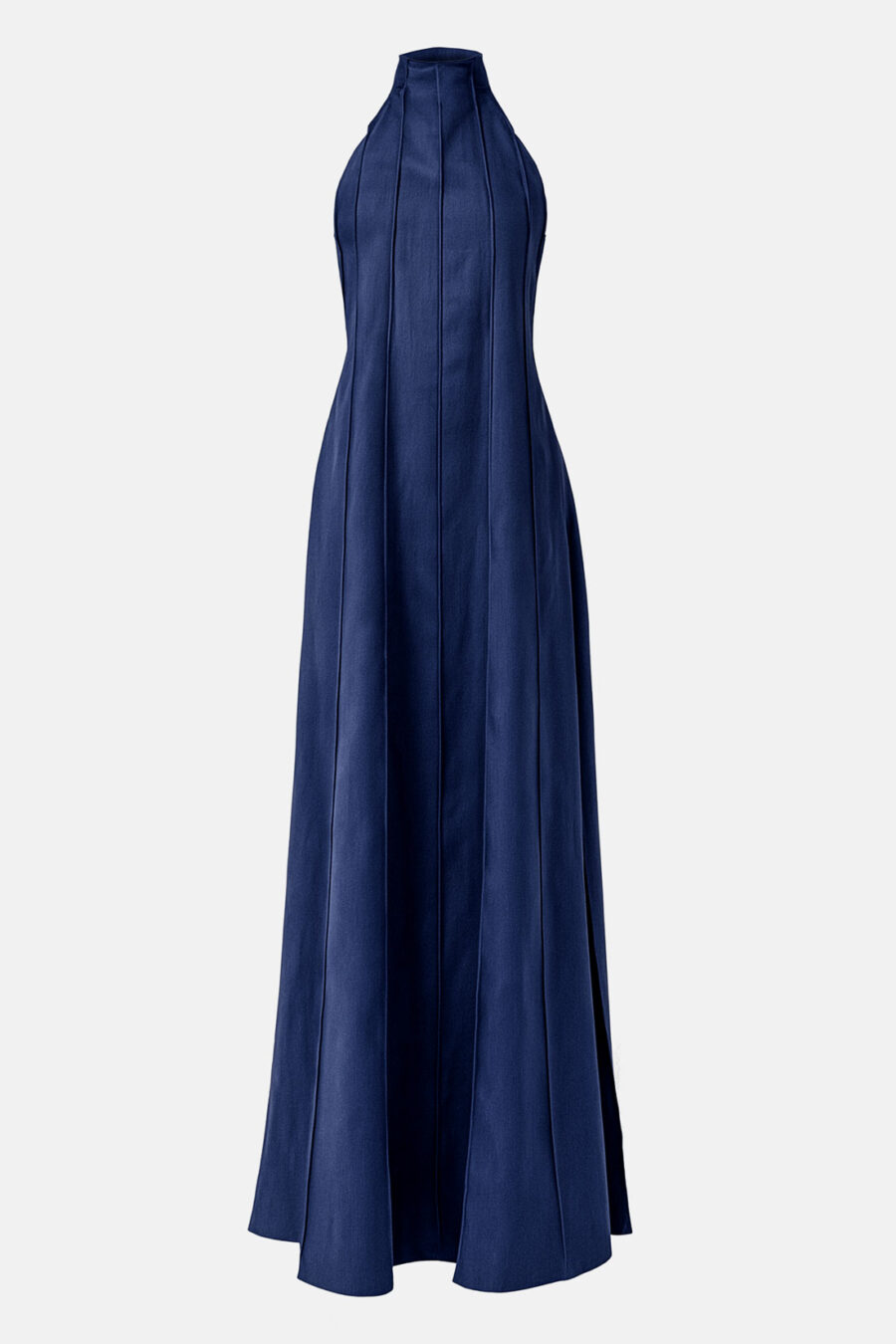 Navy Designer Linen Maxi Dress Pleated With Slit and Halter Neck Fit by Kargede Ghost Mannequin