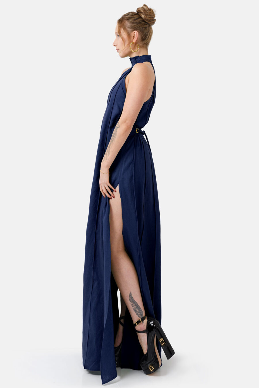Navy Designer Linen Maxi Dress Pleated With Slit and Halter Neck Fit by Kargede Side Movement