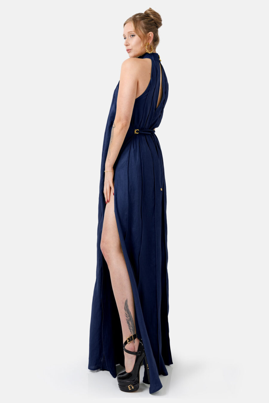 Navy Designer Linen Maxi Dress Pleated With Slit and Halter Neck Fit by Kargede Side Relaxed