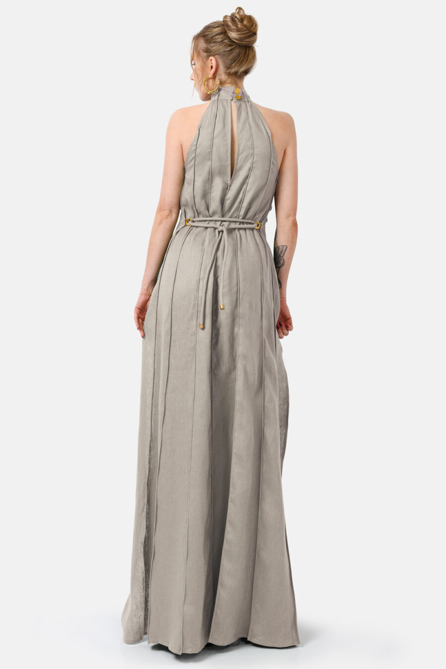 Taupe Designer Linen Maxi Dress Pleated With Slit and Halter Neck Fit by Kargede Back