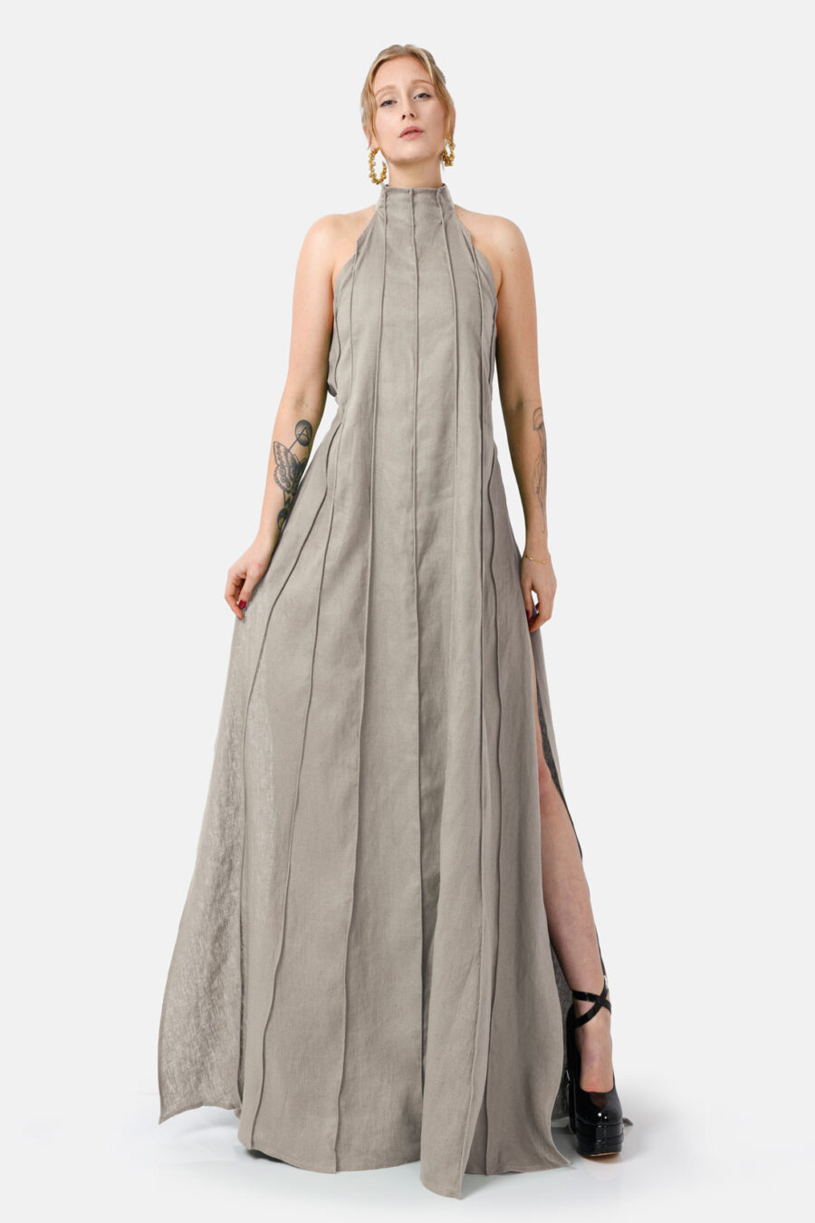 Taupe Designer Linen Maxi Dress Pleated With Slit and Halter Neck Fit by Kargede Front Creative