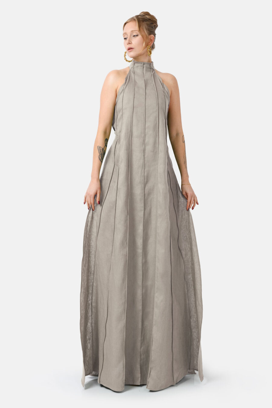 Taupe Designer Linen Maxi Dress Pleated With Slit and Halter Neck Fit by Kargede Front Flared