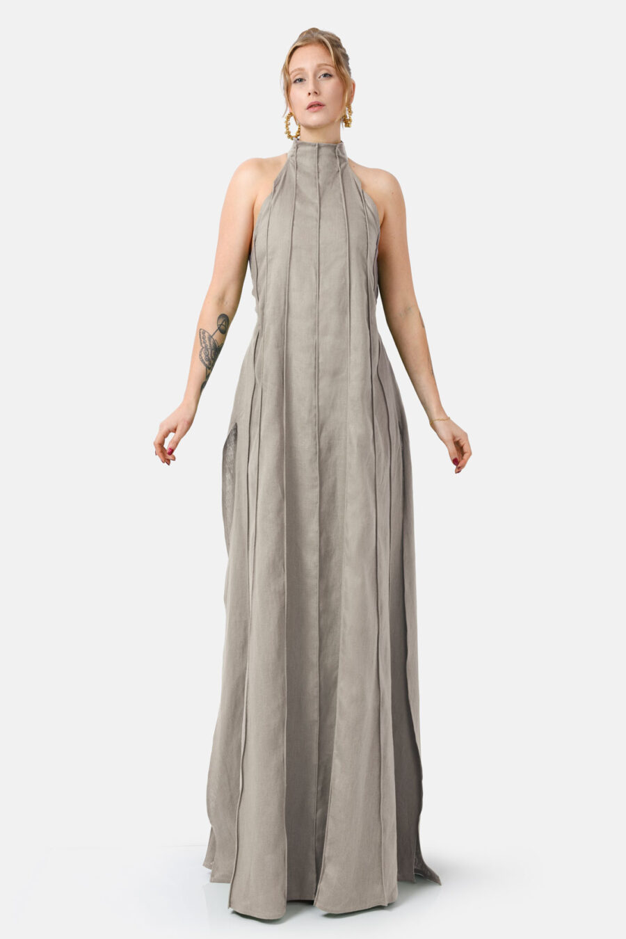 Taupe Designer Linen Maxi Dress Pleated With Slit and Halter Neck Fit by Kargede Front Straight