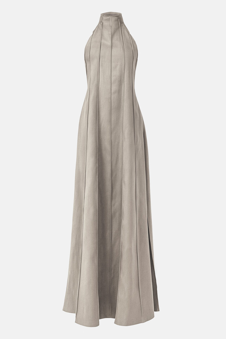 Taupe Designer Linen Maxi Dress Pleated With Slit and Halter Neck Fit by Kargede Ghost Mannequin