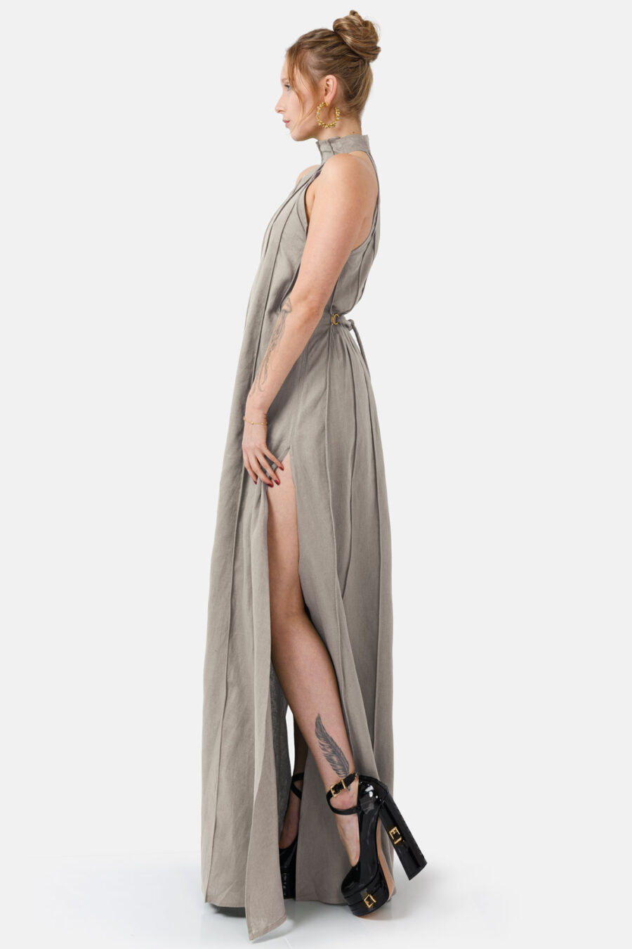 Taupe Designer Linen Maxi Dress Pleated With Slit and Halter Neck Fit by Kargede Side Movement