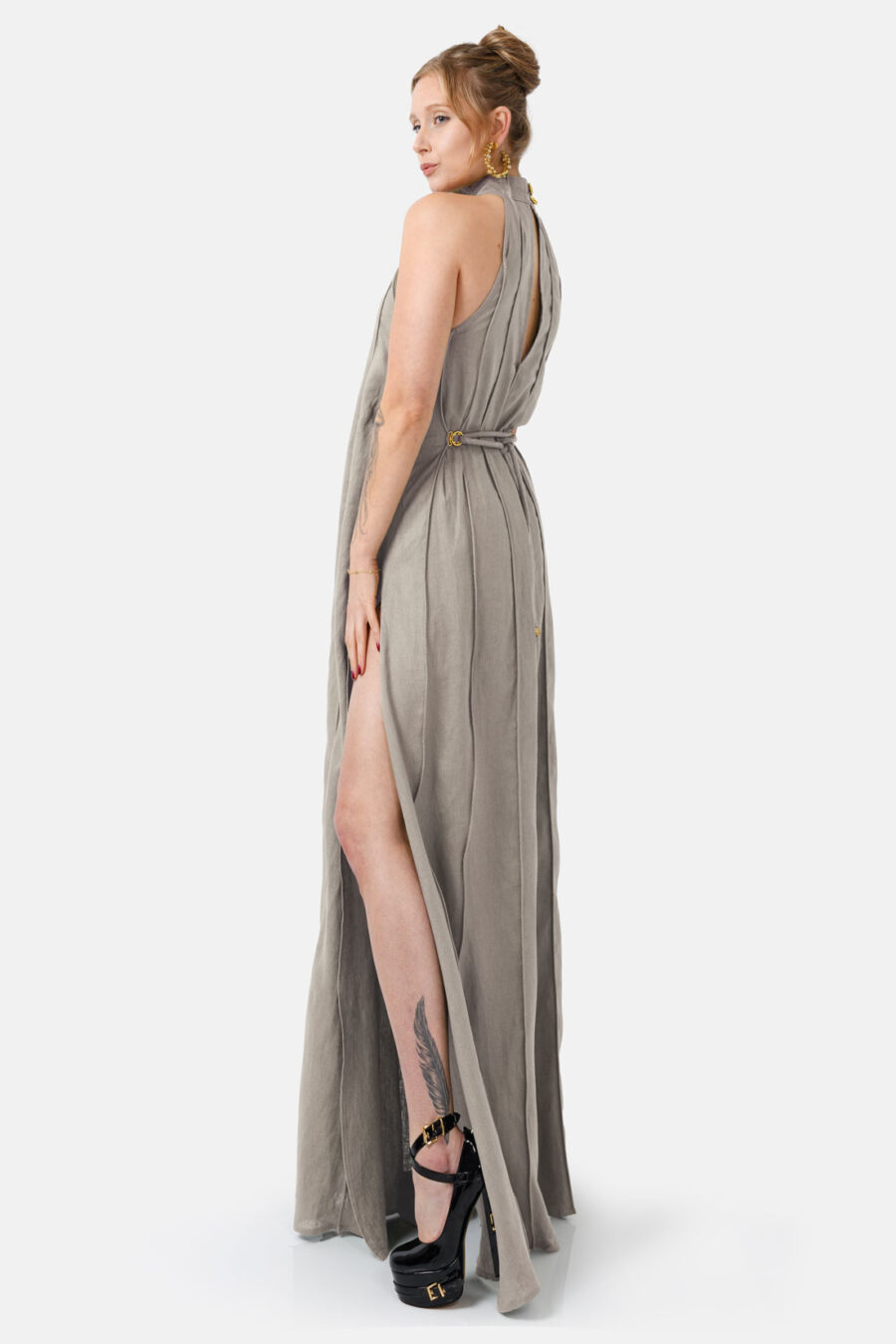 Taupe Designer Linen Maxi Dress Pleated With Slit and Halter Neck Fit by Kargede Side Relaxed
