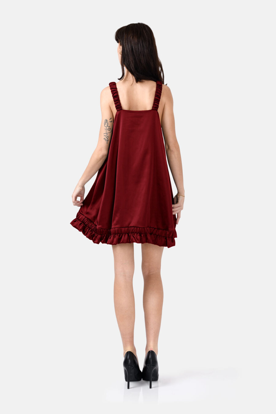 Burgundy Red Slip Satin Mini Dress With Straps and Ruffled Hem by Kargede Back