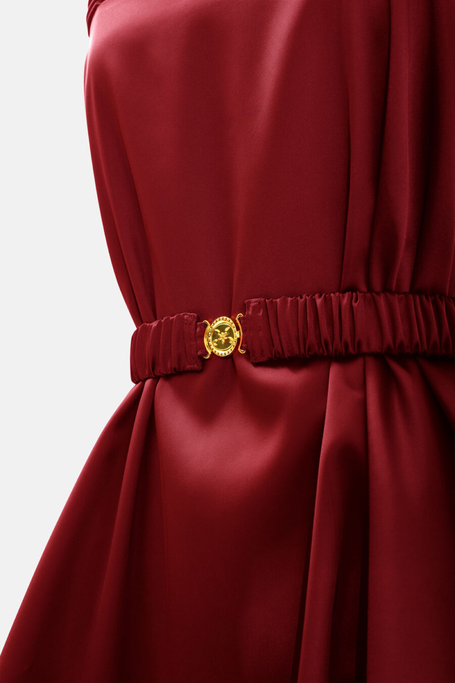 Burgundy Red Slip Satin Mini Dress With Straps and Ruffled Hem by Kargede Detail Shot