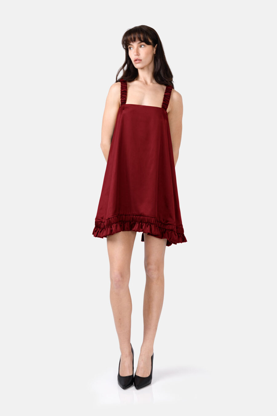 Burgundy Red Slip Satin Mini Dress With Straps and Ruffled Hem by Kargede Front