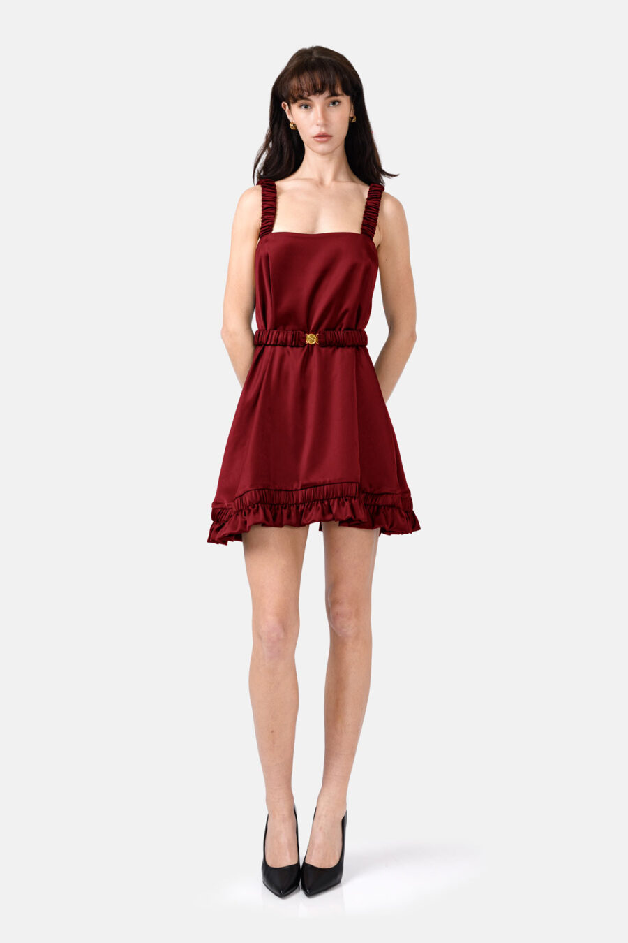 Burgundy Red Slip Satin Mini Dress With Straps and Ruffled Hem by Kargede Front Belted