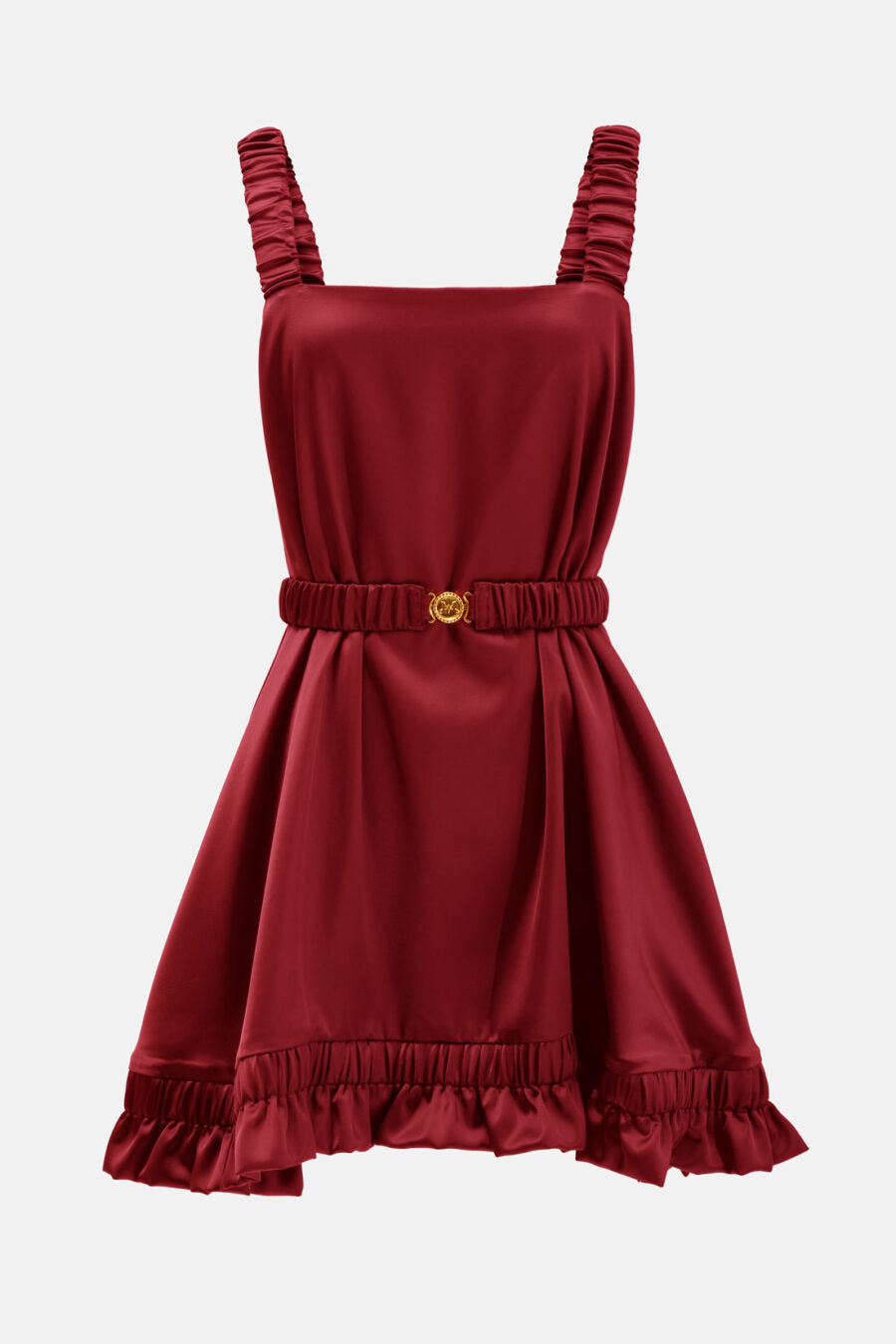 Burgundy Red Slip Satin Mini Dress With Straps and Ruffled Hem by Kargede Ghost Mannequin