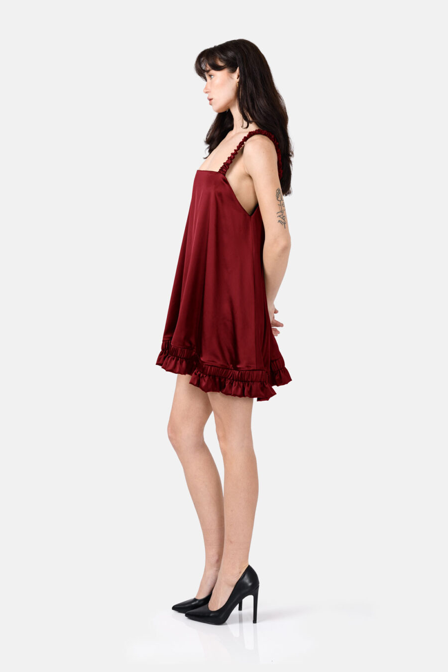 Burgundy Red Slip Satin Mini Dress With Straps and Ruffled Hem by Kargede Side