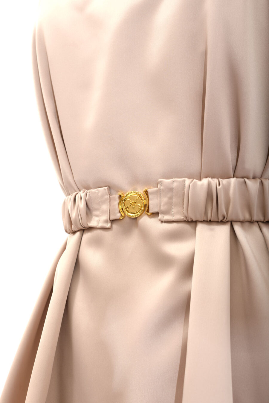 Champagne Pearl Slip Satin Mini Dress With Straps and Ruffled Hem by Kargede Detail