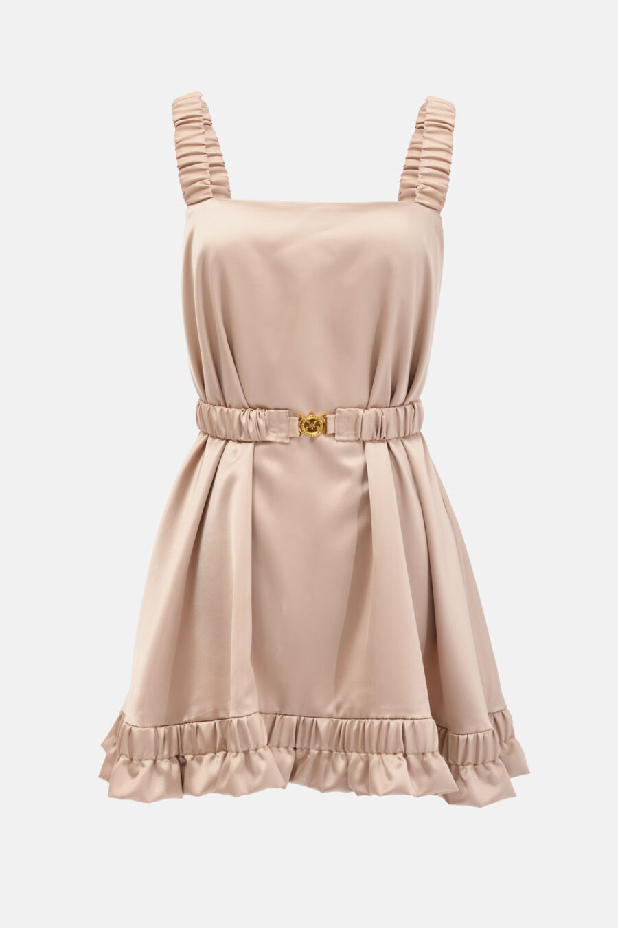 Champagne Pearl Slip Satin Mini Dress With Straps and Ruffled Hem by Kargede Ghost Mannequin