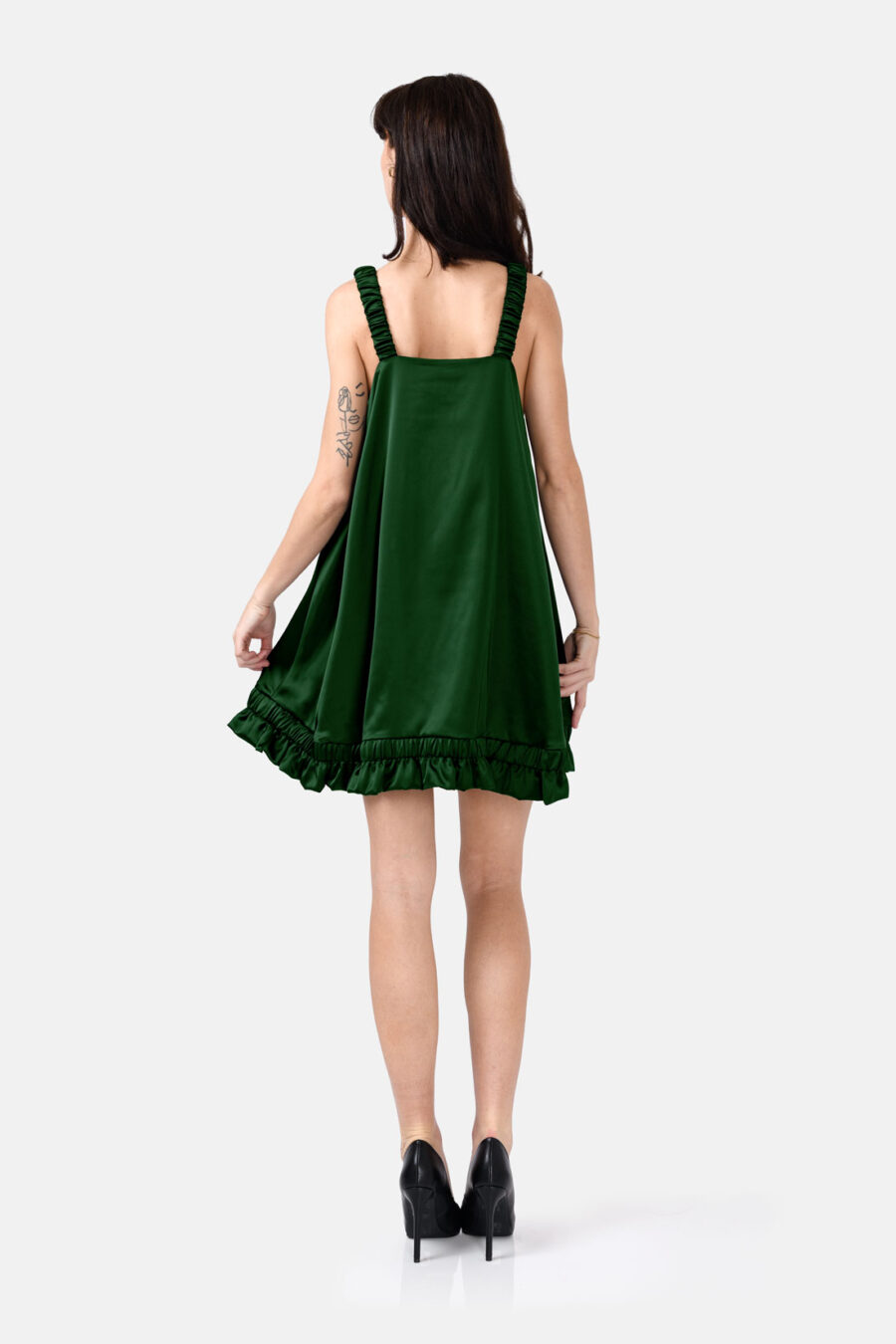 Emerald Green Slip Satin Mini Dress With Straps and Ruffled Hem by Kargede Back