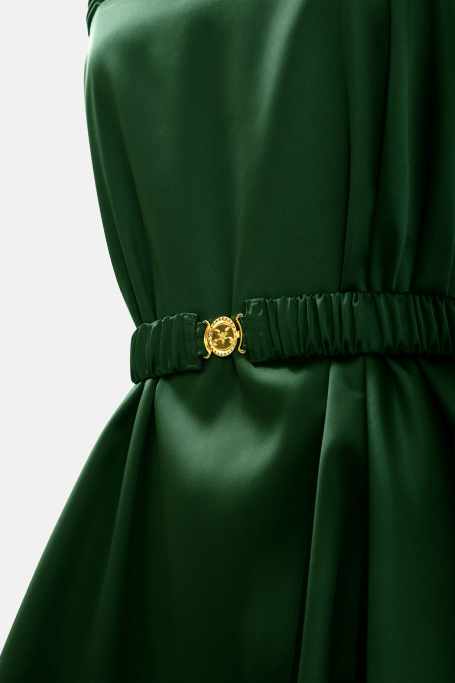 Emerald Green Slip Satin Mini Dress With Straps and Ruffled Hem by Kargede Detail Shot