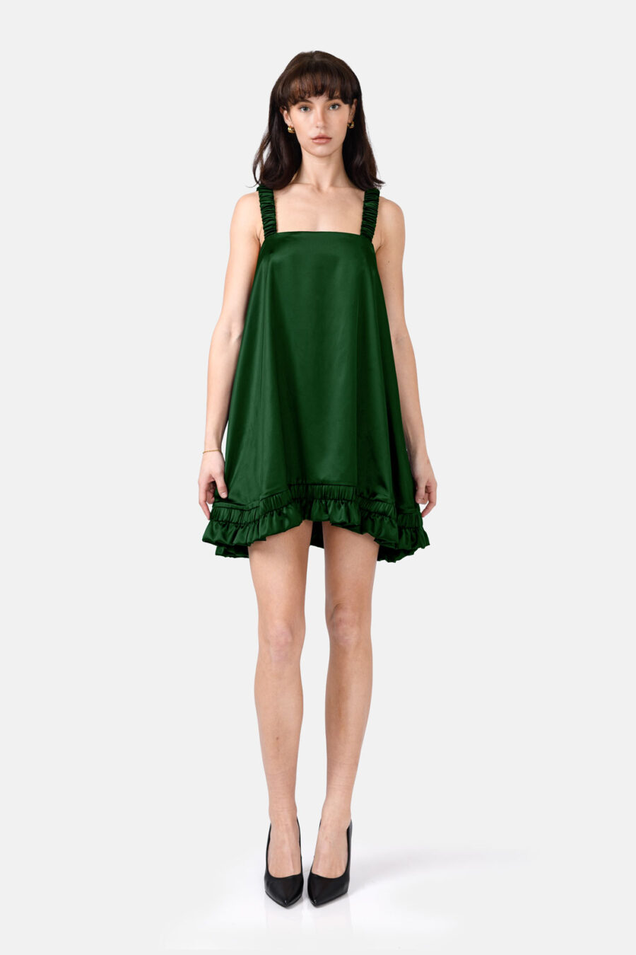 Emerald Green Slip Satin Mini Dress With Straps and Ruffled Hem by Kargede Front