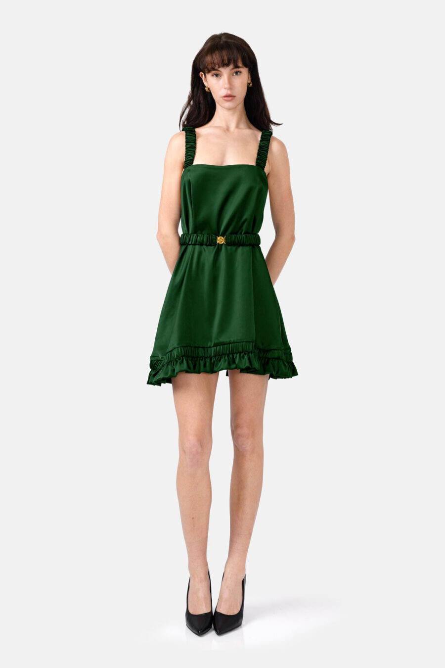 Emerald Green Slip Satin Mini Dress With Straps and Ruffled Hem by Kargede Front Belted