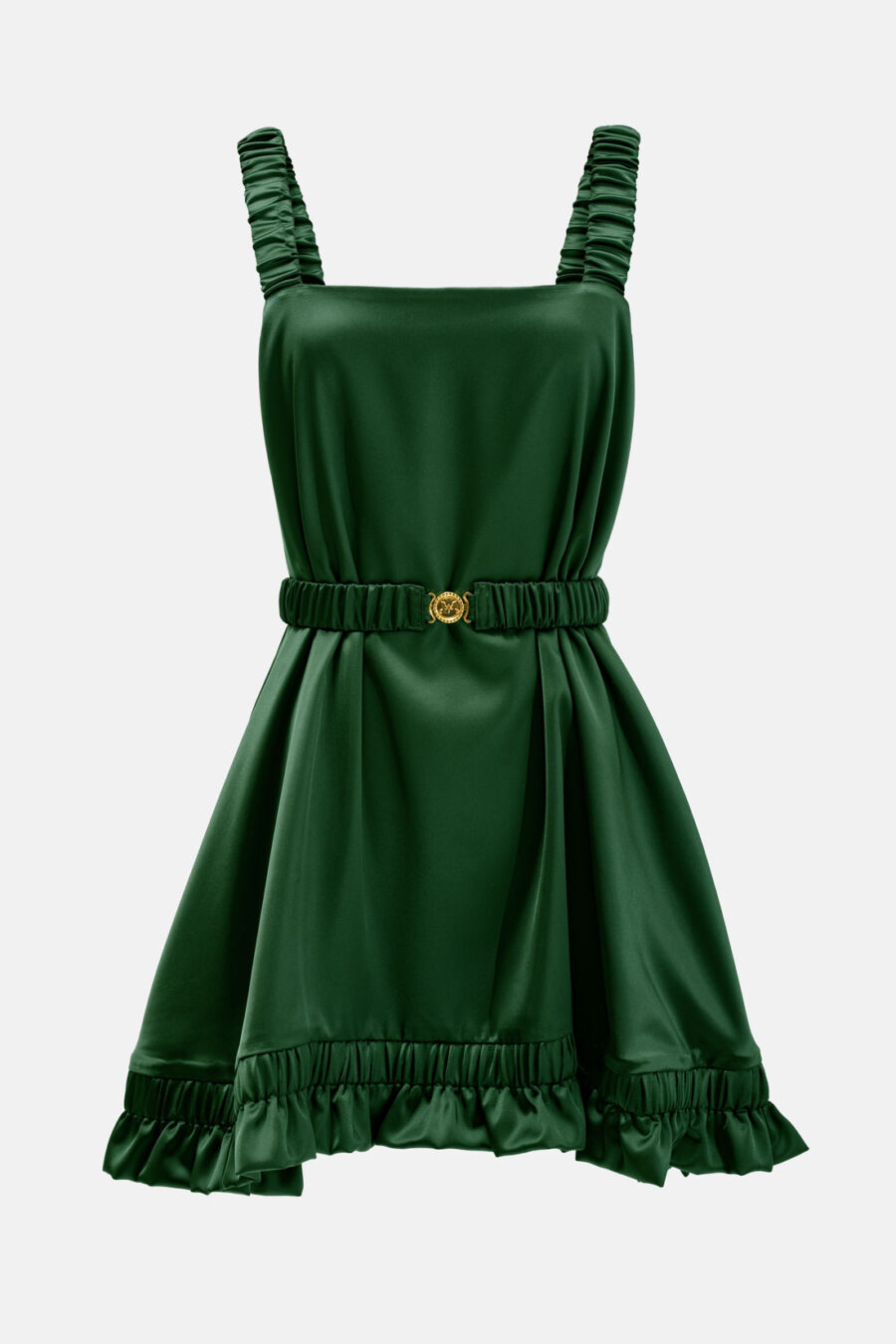 Emerald Green Slip Satin Mini Dress With Straps and Ruffled Hem by Kargede Ghost Mannequin