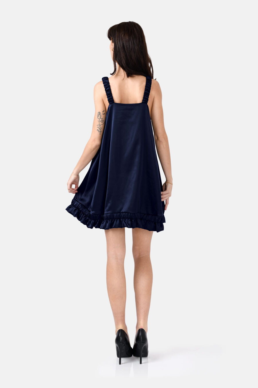 Navy Blue Slip Satin Mini Dress With Straps and Ruffled Hem by Kargede Back