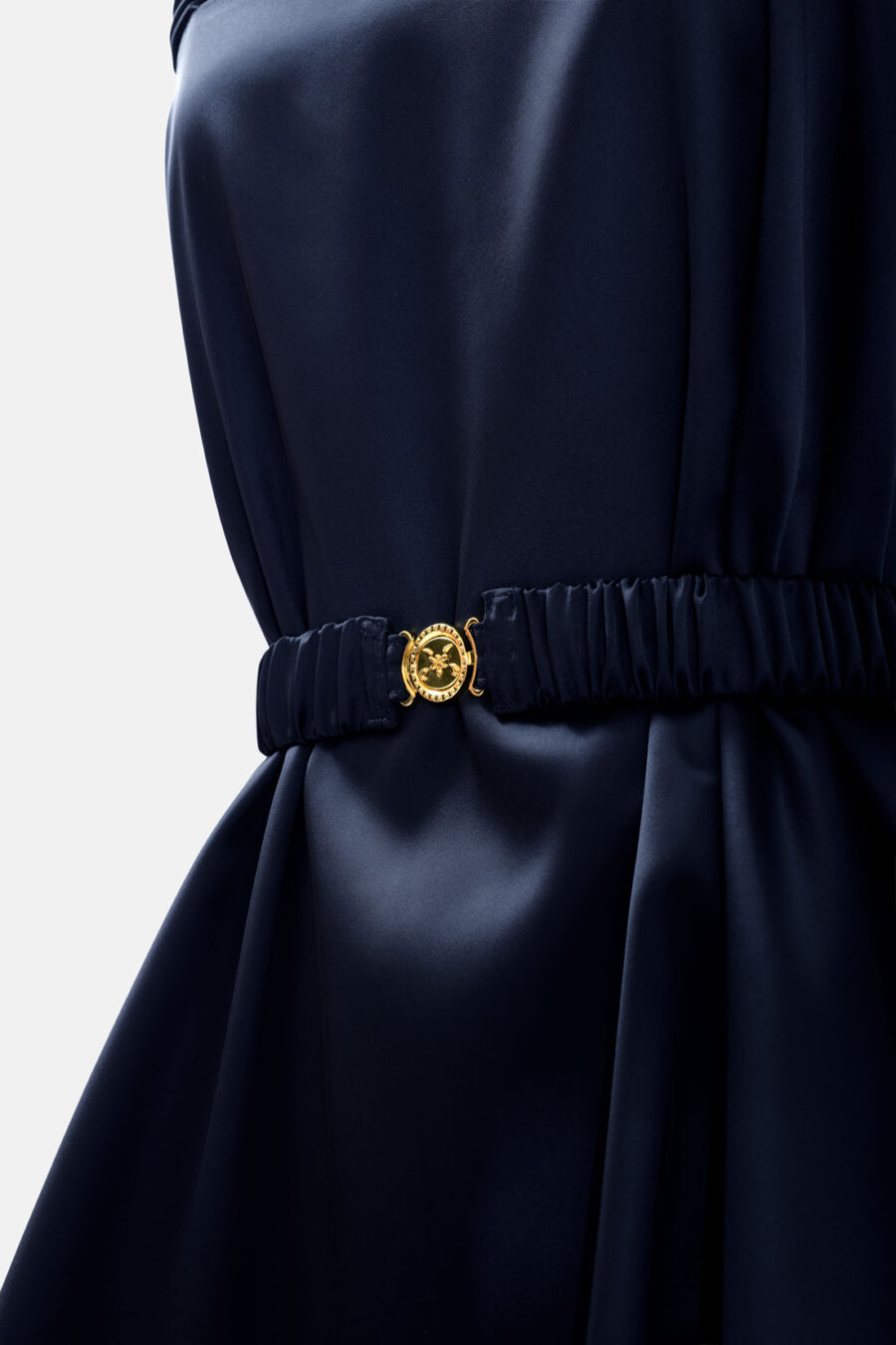 Navy Blue Slip Satin Mini Dress With Straps and Ruffled Hem by Kargede Detail Shot
