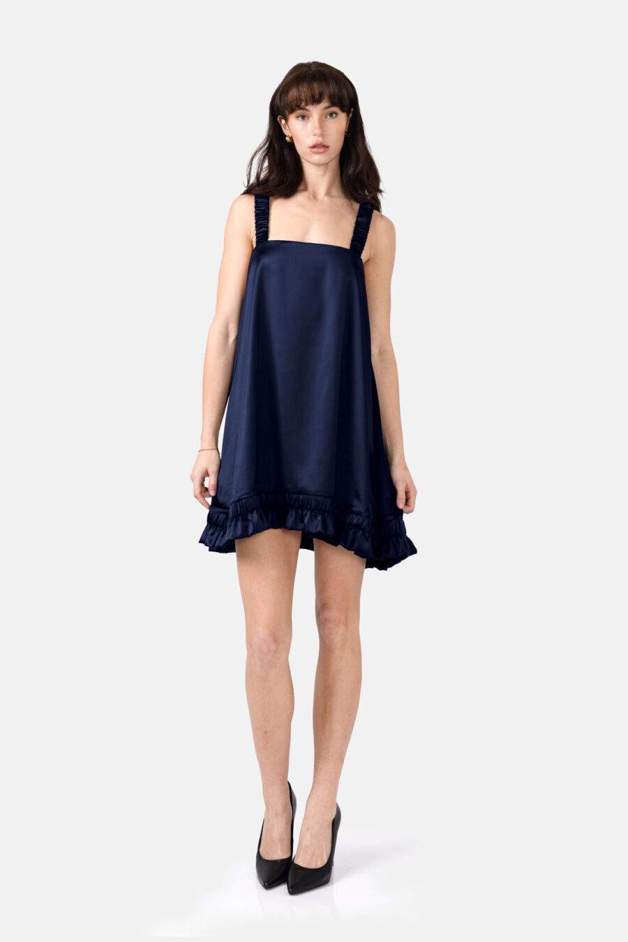 Navy Blue Slip Satin Mini Dress With Straps and Ruffled Hem by Kargede Front